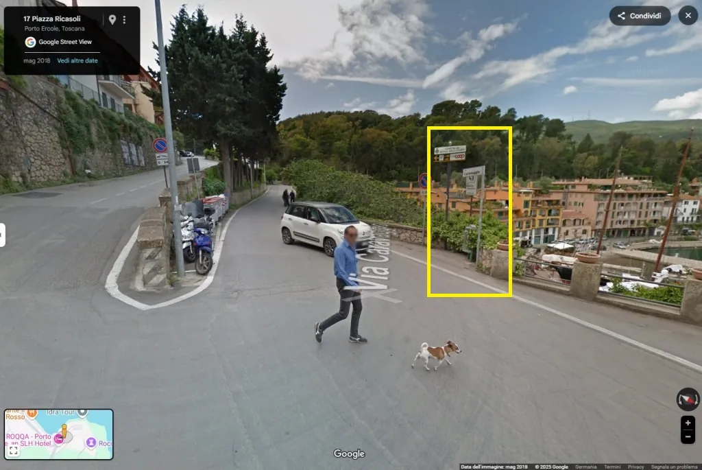 immagine streetview del punto a piazza Ricasoli dove oggi c'è il secondo accesso controllato dalle telecamere della ZTL paese a Porto Ercole streetview accesso 2 ZTL paese Porto Ercole