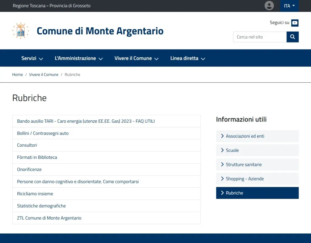 screenshot "rubriche" in "vivere il comune" sul sito del comune di Monte Argentario screenshot "rubriche" in "vivere il comune" sul sito del comune di Monte Argentario