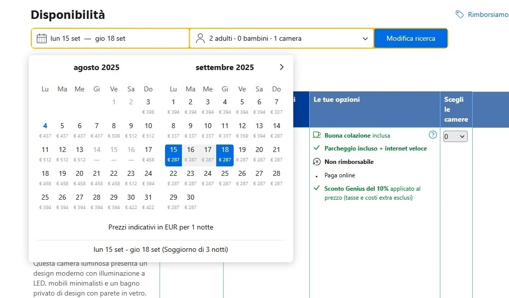 screenshot su booking.com di prezzi e disponibilità ad agosto e settembre 2025 dell'hotel A Point Resort & Spa Porto Ercole screenshot su booking.com di prezzi e disponibilità ad agosto e settembre 2025 dell'hotel A Point Resort a Porto Ercole