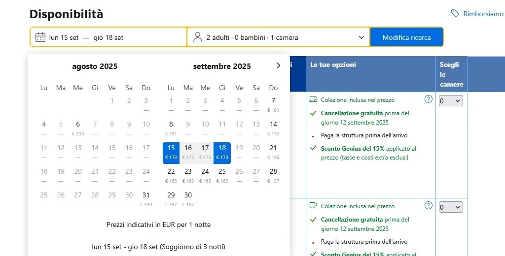 screenshot su booking.com di prezzi e disponibilità ad agosto e settembre 2025 del Bi Hotel a Porto Ercole screenshot su booking.com di prezzi e disponibilità ad agosto e settembre 2025 dell'hotel Bi Hotel a Porto Ercole