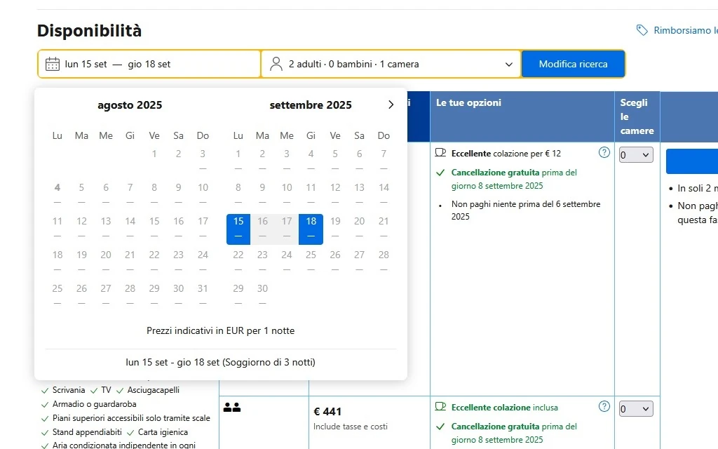 screenshot su booking.com di prezzi e disponibilità ad agosto e settembre 2025 dell'hotel La Conchiglia a Porto Ercole screenshot su booking.com di prezzi e disponibilità ad agosto e settembre 2025 dell'hotel La Conchiglia a Porto Ercole