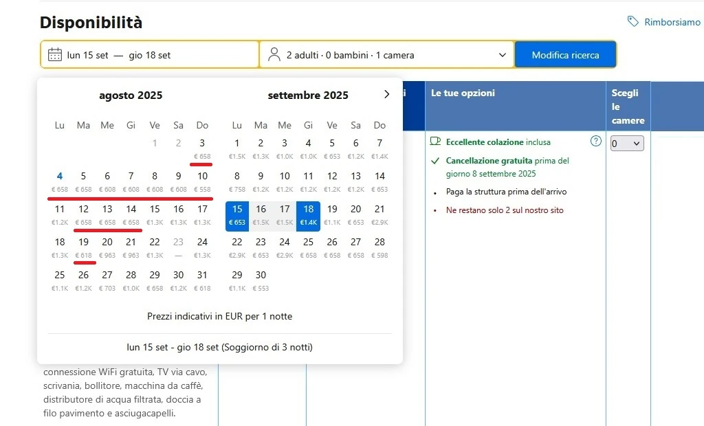 screenshot su booking.com di prezzi e disponibilità ad agosto e settembre 2025 dell'hotel La Roqqa a Porto Ercole screenshot su booking.com di prezzi e disponibilità ad agosto e settembre 2025 dell'hotel La Roqqa a Porto Ercole
