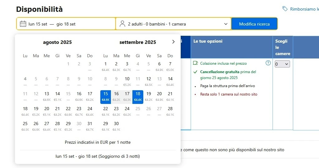 screenshot su booking.com di prezzi e disponibilità ad agosto e settembre 2025 dell'hotel Il Pellicano a Porto Ercole screenshot su booking.com di prezzi e disponibilità ad agosto e settembre 2025 dell'hotel Il Pellicano a Porto Ercole